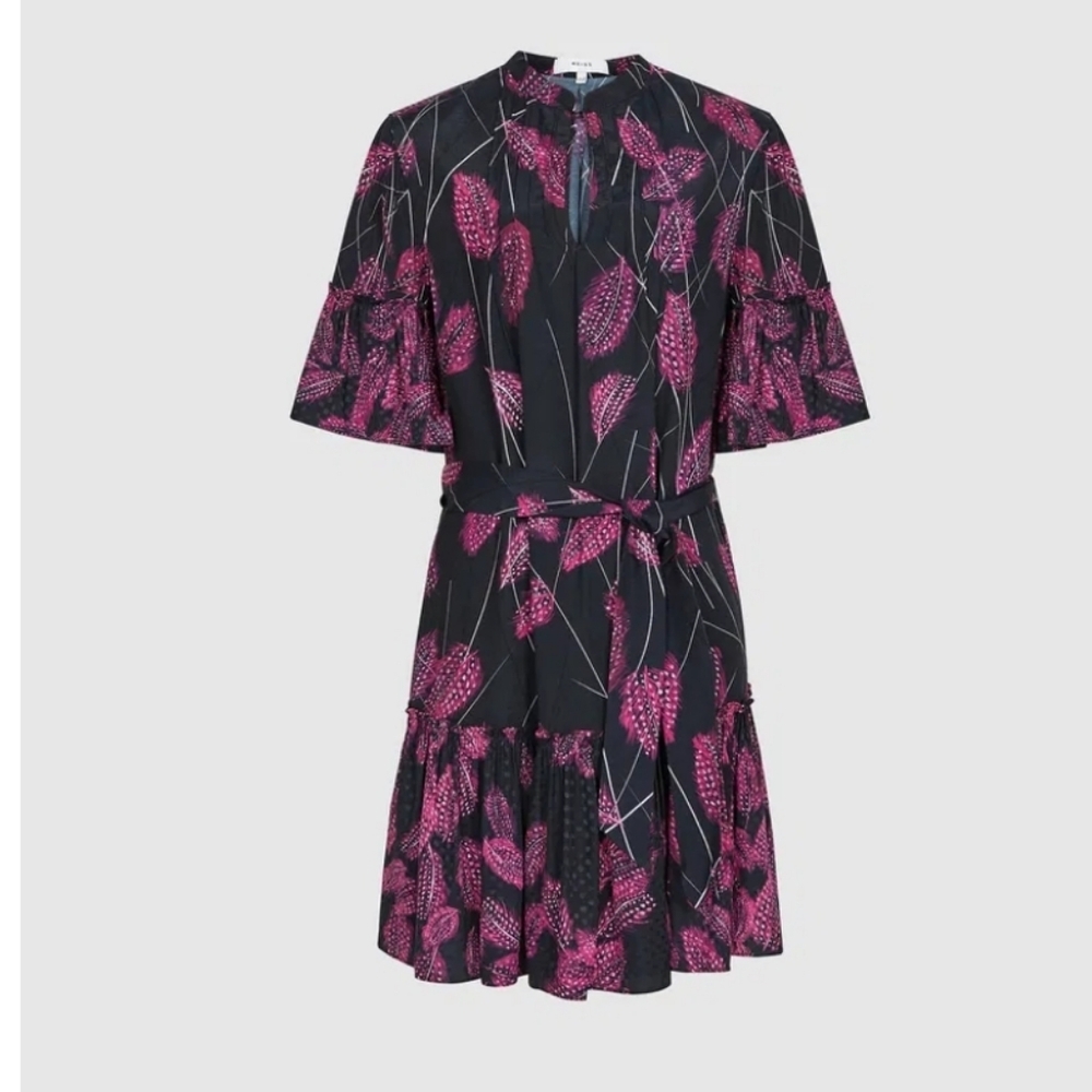 Reiss Black Dress with Pink Leaf Print Midi - Picture 6 of 16